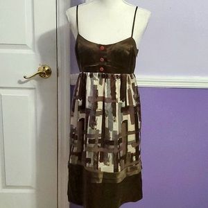 Brooklyn Industries Retro 90s Brown Abstract Flare Evening Event Silk Midi Dress